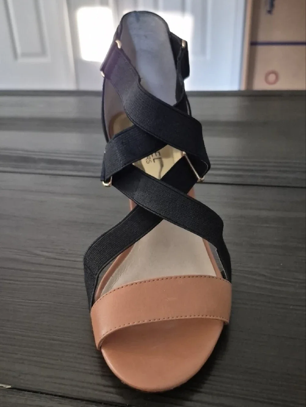 Michael Kors Black and Tan Strappy Elastic Sandals